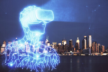 Double exposure of AR people drawing and cityscape background. Concept of augmented reality.