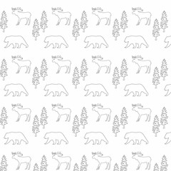 Background with animals deer and bear fir tree.