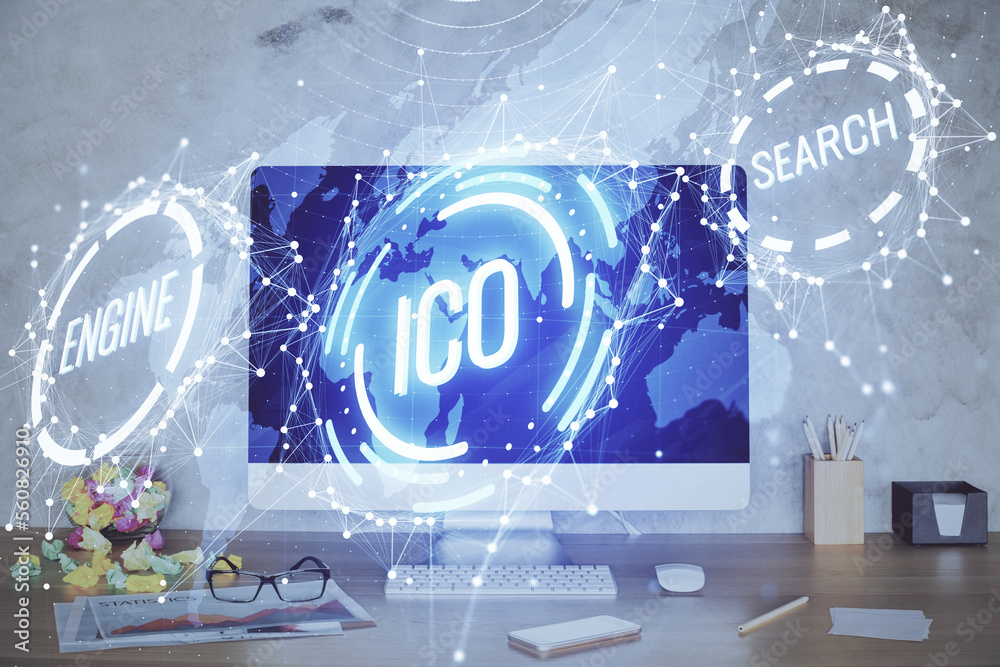 Poster Double exposure of blockchain and crypto economy theme hologram and table with computer background. Concept of bitcoin cryptocurrency.