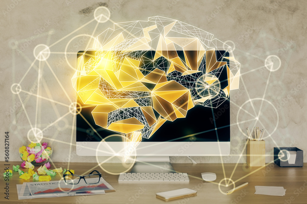 Poster Double exposure of desktop with computer and brain drawing hologram. Artificial intelligence concept.