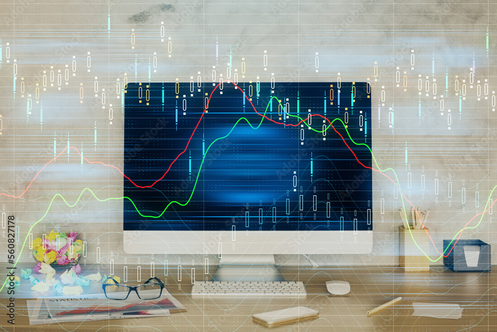 Poster Forex graph hologram on table with computer background. Double exposure. Concept of financial markets.