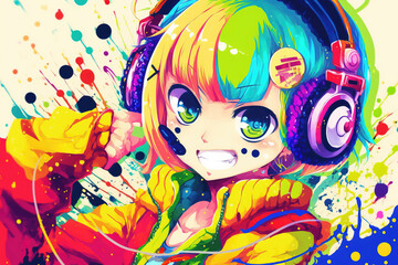 Fototapeta premium Cool anime girl with headphones listening music, colorful paints smudges, spatter. generated sketch art 