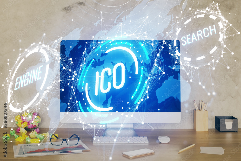 Poster Double exposure of blockchain and crypto economy theme hologram and table with computer background. Concept of bitcoin cryptocurrency.