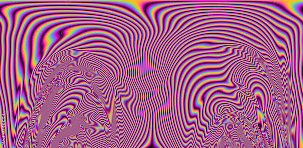 Poster Texture of a glitched and distorted TV screen. Wavy and distorted moire pattern in acid colors.