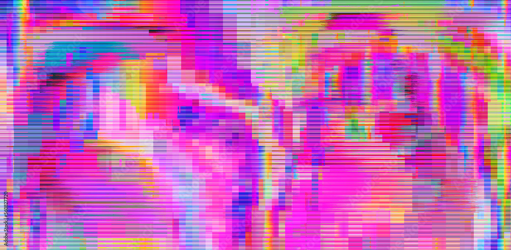 Poster abstract retrowave background with digital pixel noise glitch artifacts like in old video vhs tape.