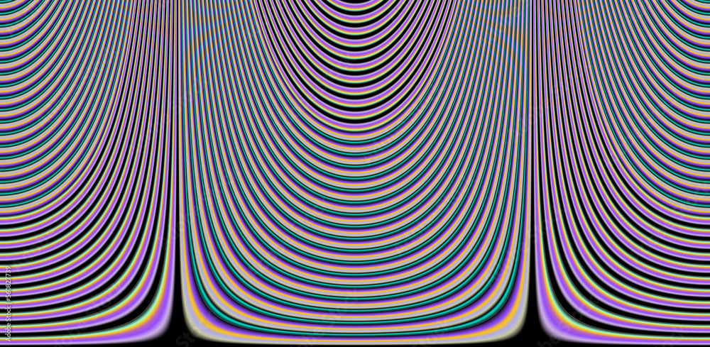 Poster Texture of a glitched and distorted TV screen. Wavy and distorted moire pattern in acid colors.