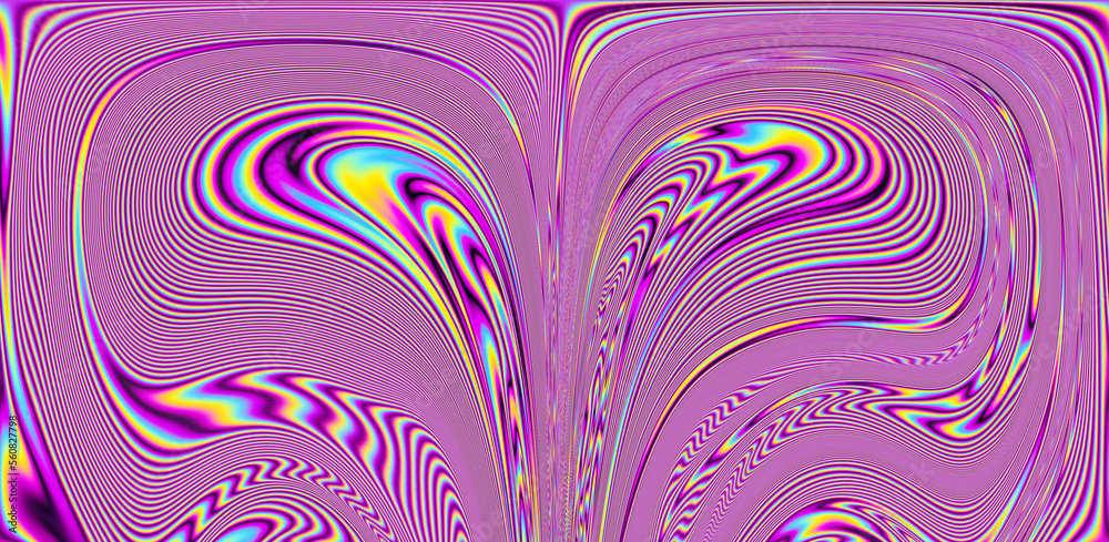 Poster Texture of a glitched and distorted TV screen. Wavy and distorted moire pattern in acid colors.