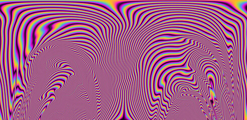 Texture of a glitched and distorted TV screen. Wavy and distorted moire pattern in acid colors.