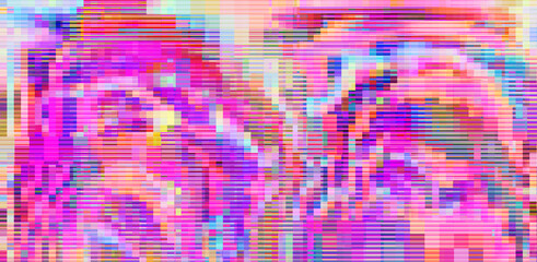 Abstract retrowave background with digital pixel noise glitch artifacts like in old video VHS tape.