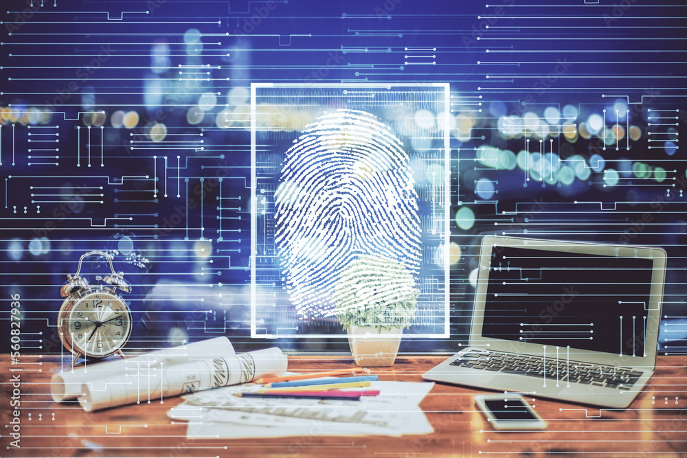 Aufkleber Computer on desktop in office with finger print drawing. Double exposure. Concept of business data security.