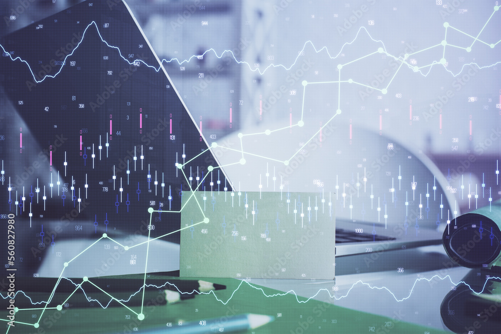 Aufkleber financial graph colorful drawing and table with computer on background. double exposure. concept of 