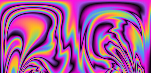 Abstract psychedelic background with neon rainbow leaks and stains. The 70s hippie style.