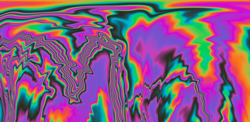 Abstract psychedelic background with neon rainbow leaks and stains. The 70s hippie style.