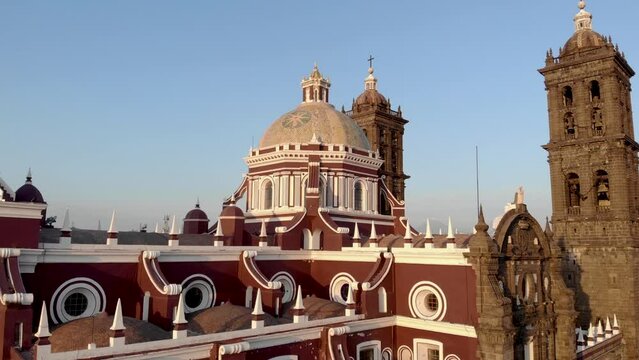 Cathedral de Puebla aerial drone shot of Central Iglesia in Puebla de Zaragoza, Mexico, Zocalo square