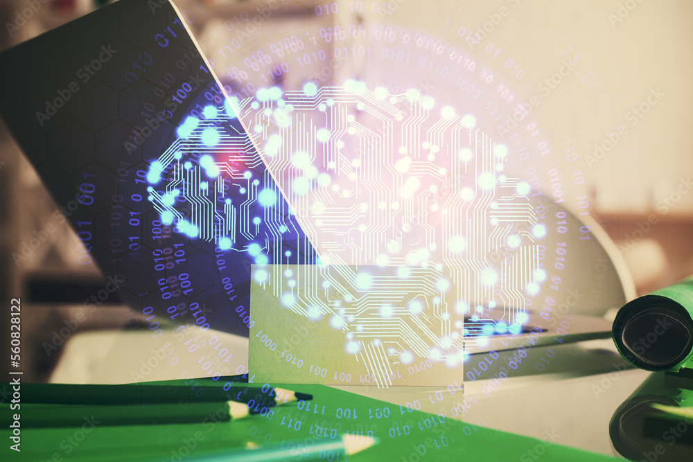 Poster Double exposure of table with computer and brain hologram. Data innovation concept.