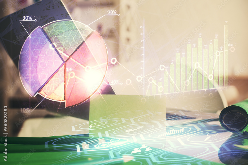 Poster financial graph colorful drawing and table with computer on background. double exposure. concept of 
