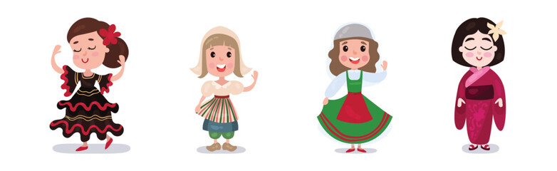 Kids Wearing National Costumes of Different Countries Vector Illustration Set