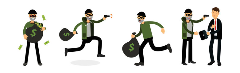 Male Thief or Robber in Mask Committing Crime Stealing Money Vector Set