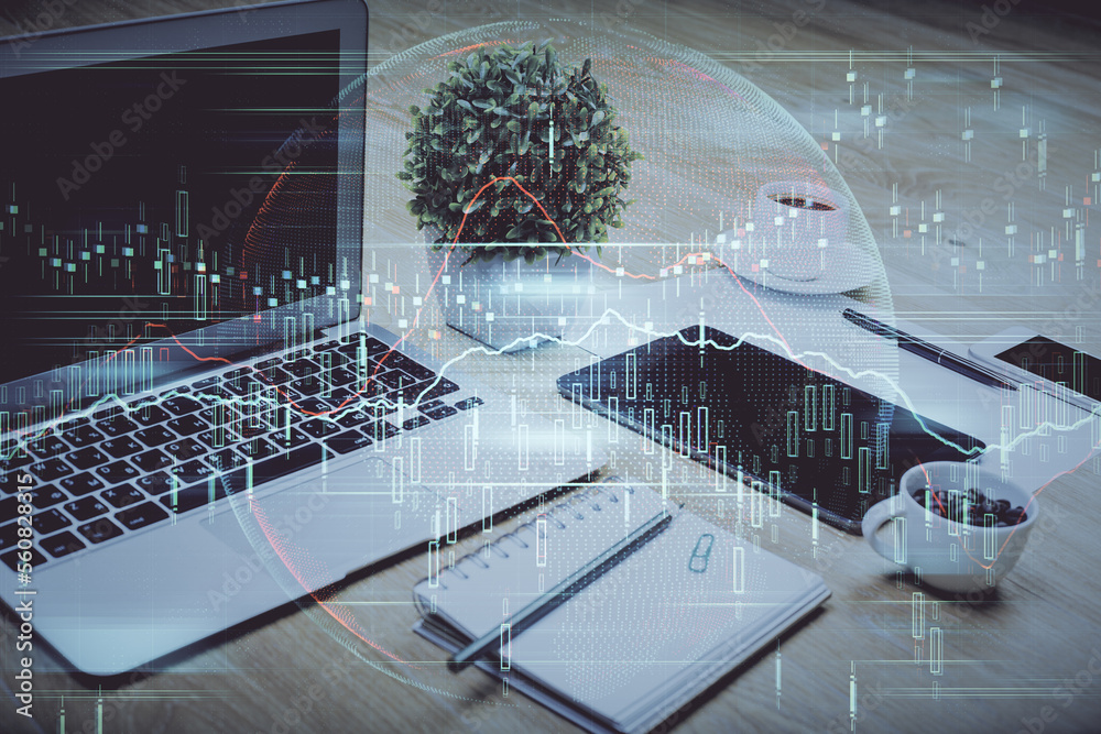 Poster Financial graph colorful drawing and table with computer on background. Double exposure. Concept of international markets.