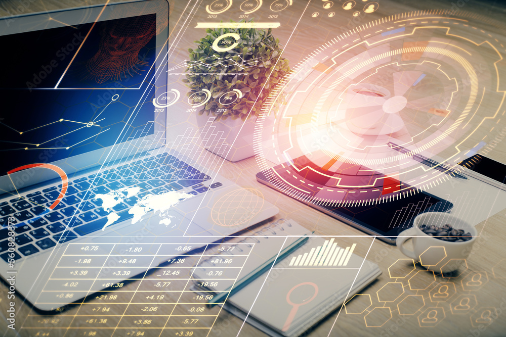 Poster Double exposure of table with computer on background and data theme drawing. Concept of innovation.