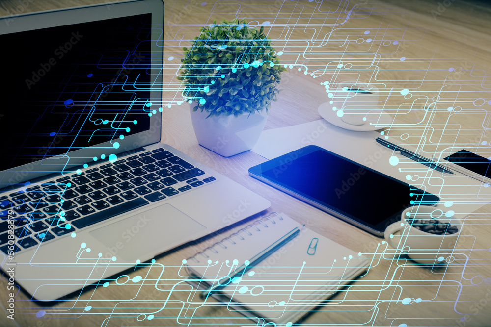 Poster Double exposure of table with computer on background and data theme drawing. Concept of innovation.