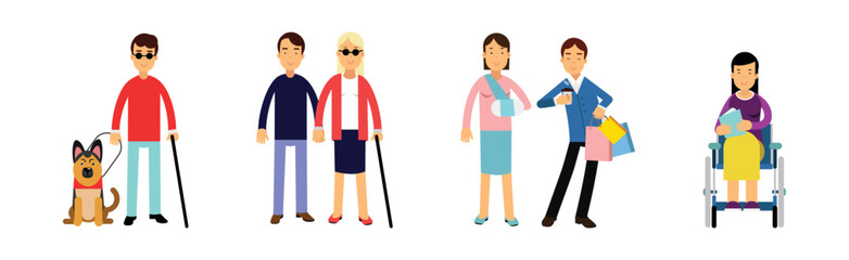 Disabled Man and Woman on Wheelchair and with Cane Vector Set