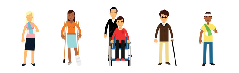 Disabled Man and Woman on Wheelchair and with Crutches Vector Set