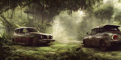 Fototapeta na wymiar old rusty car in the forest, off road vehicle, car in the rain