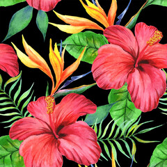 
Watercolor hibiscus flowers and tropical flowers in a seamless pattern. Can be used as fabric, wallpaper, wrap.