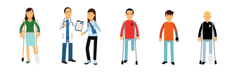 Disabled Man and Woman on Bandage and with Crutches Vector Set