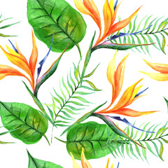 Fototapeta na wymiar Watercolor tropical flowers and leaves in a seamless pattern. Can be used as fabric, wallpaper, wrap.