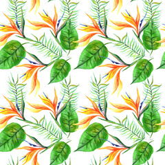 
Watercolor tropical flowers and leaves in a seamless pattern. Can be used as fabric, wallpaper, wrap.