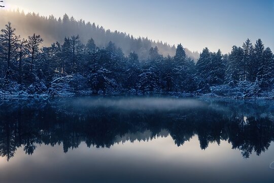 Tranquil scenery with snow castle in clouds. Mountain creek flows from forest hills into glacial lake. Snowy mountains in fog clearance. Small river and coniferous trees reflected in calm alpine lake © Mix and Match Studio