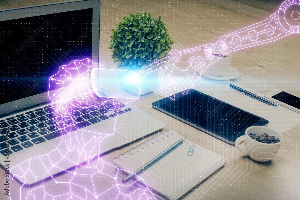 Poster computer on desktop with ar theme icon. multi exposure. concept of augmented reality.