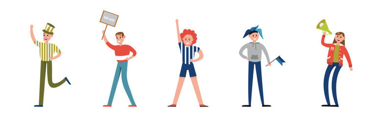 Man and Woman Sport Fan Character Supporting Team Cheering at Stadium Vector Set