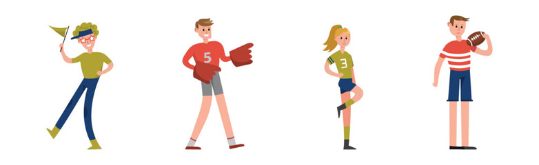 Man and Woman Sport Fan Character Supporting Team Cheering at Stadium Vector Set