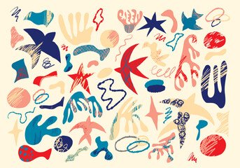 A large vector set with abstract elements, stars and birds in the matisse style