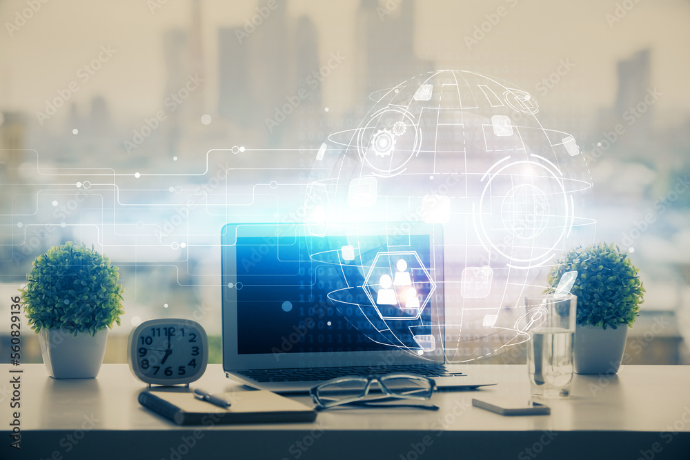 Poster computer on desktop with social network hologram. double exposure. concept of international people c