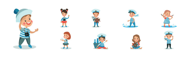 Cute Little Boy and Girl Character Playing Sailors Wearing Blue Striped Shirt Vector Set