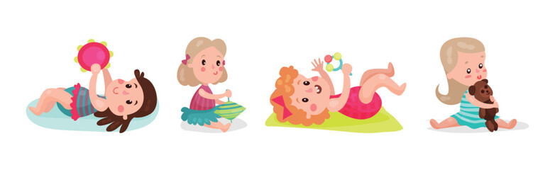 Kid Toddlers Playing with Toys in Nursery Room Vector Set