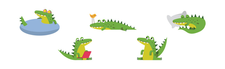 Crocodile Cute Green Character In Different Pose and Activity Vector Set