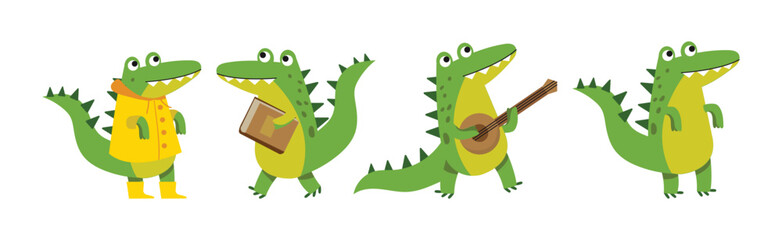 Crocodile Cute Green Character In Different Pose and Activity Vector Set - obrazy, fototapety, plakaty