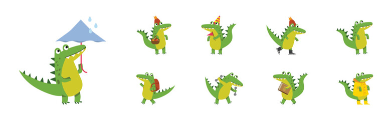 Crocodile Cute Green Character In Different Pose and Activity Vector Set