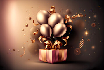Fototapeta premium A large present box with golden bow, balloons and ribbons on a beauty gradient background. Created with Generative AI.
