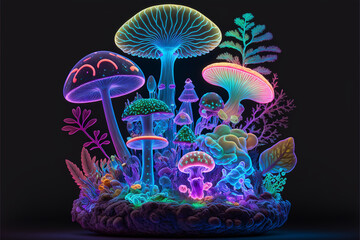 Iridescent Glowing Mini Mushroom Biome - Generative AI