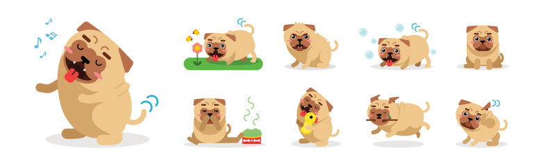 Funny Pug Dog Engaged in Different Activity Vector Set
