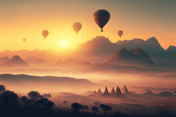 landscape of morning fog and mountains with hot air balloons at sunrise, art illustration 