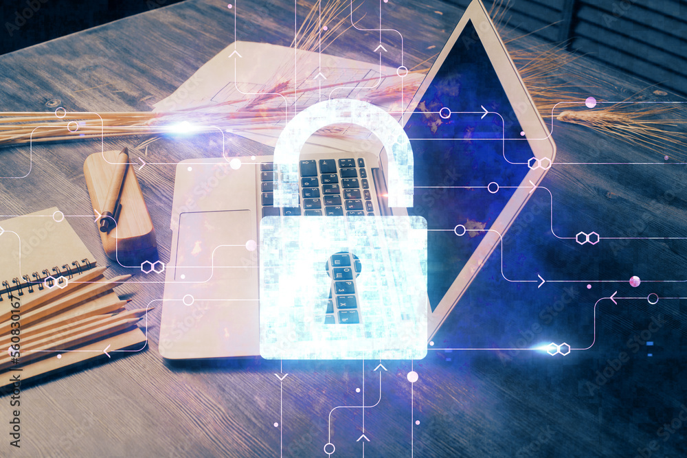 Poster Double exposure of desktop with computer and lock icon hologram. Concept of data safety.