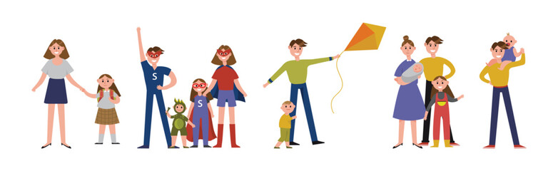 Fototapeta premium Family with Parents and Kids Spending Time Together Vector Set