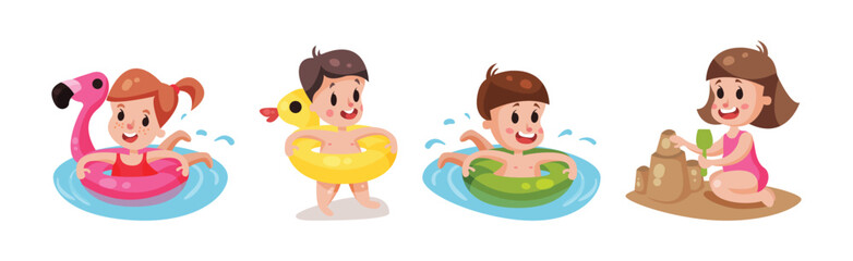 Kids at Seaside Swimming with Rubber Ring and Building Sand Castle Vector Set